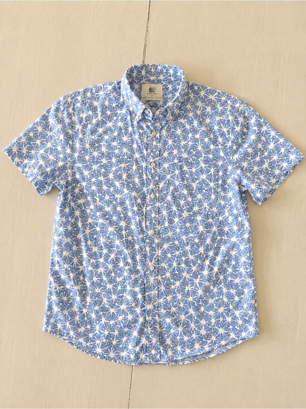 Laguna Floral Button Up Shirt Blue White Cotton Short Sleeve Men’s Large